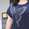 Toppar mode Royal Blue Plus Size Pullover Tops Summer Clothes for Women Diamonds Sharcing Butterfly Short Sleeve Loose Tshirt Trend