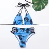 Kadın Mayo Esnek 2pcs/Set Şık Asılı Boyun Sütyen Palmiye Ağacı Baskı Panties Mayo Hızlı Kurutma Bikini Seti Yüksek Bel Plaj Giysesi