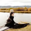 Vintage Black Gothic Wedding Dress 2024 V Neck Long Sleeve Mermaid Halloween Bridal Dress Open Back Full Lace Boho Country Civil Bride Robes De Mariee Outdoor Garden