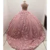 Abiti Quinceanera rosa Abito da ballo Collo alto Maniche ad aletta Illusione Applicazioni di pizzo Fiori floreali 3D Dolce 16 Vestido De 15 Anos Quinceanera