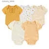 Jumpsuits New Born Bodysuits 2023 Unisex 5Pieces Baby Girl Clothes Solid Color Cotton Baby Boy Clothes Set Cartoon Print Summer Bebes L240307