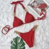 Set bikini sexy con strass Halter tinta unita rosso push up pad catena di metallo costume da bagno bagnante brasiliano costume da bagno perizoma costumi da bagno biquini