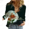 Koszula nowa popularna koszulka damska z nadrukiem 3D z długim rękawem z ulicznym scenerią guziki luźne, swobodne szyfonowe koszulę
