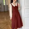 Dress Vintage Fake Two Pieces Peter Pan Collor Preppy Style Sweet Kawaii Dresses for Women Casual Long Sleeve Street A Line Midi Dress