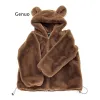 Fur New Winter Fur Thick Plush Kawaii Cute Hooded Brown Bear Ears Imitation Rex Rabbit Fur Short Zipper Jacket Women