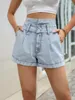 Womens Shorts 2024 Summer Slim Hemmed Denim High Waist Booty Jean with Button Ropa De Mujer Sky Blue