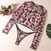 BHs Sets Ellolace Leopard Dessous Outfits Hellrosa Tops Langarm für Frauen 2 Stück Kontrastfarbe Junges Mädchen Intimwaren