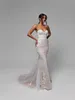 Szykowny szampan kolor Sweetheart Syrenka ślubna z poza ramionami rękawy puchowe trąbki ślubne suknie ślubne z cekinowymi aplikacjami koronki