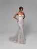 Chic Champaghe Color Sweetheart Mermaid Wedding Dress with Off Axel Puff Sleeves Trumpet Brudklänningar med paljetterade applikationer spets