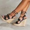 Sandals Wedge Heeled Thick Bottom Pointed Women Summer Toe Wrap Back High Straw Woven Flax Rope Outdoor Female Shoes