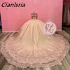 Champagne Crystal Beading Ruffles Ball Gown Quinceanera Dresses Illusion Applices Lace 3D Flowers Corset Vestidos de 15 Anos