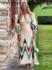 Printed Women Long Dress Suit Vneck Puff Sleeve Top High Waist Loose Female Midi Dresses Spring Autumn Fashion Lady Sets 240308
