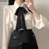 Ruffled Bow Tie Top Outono Básico Office Lady Work Wear Flare Manga Bonito Mulheres Único Breasted Botão Sólido Camisas Brancas Blusas 240308