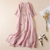 Summer Ramie Dress Artistic Embroidery Round Neck Half Sleeves Pullover Fairy Beautiful Long Skirt Womens