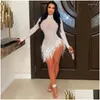 Basic & Casual Dresses Tassel Feather Dimoand Sheer Mesh Party Dress Pearls Women Glam Night Sparkle Rhinestone Fringed Birthday Outf Dhdtz