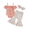 Clothing Sets Adorable 3-Piece Baby Girl Romper Set With Ruffle Outfit Flower Print Bodysuit Elastic Pant And Headband For Borns