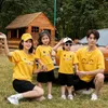 Mãe pai criança família combinando roupas dos desenhos animados bonito gato rosto impressão amarelo verão moda solta manga curta camiseta topo 240226