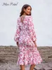 Casual Dresses Miss Petal Plunge Neck Midi Dress For Woman Red Floral Sexig långärmad bodycon smocked 2024 Summer Female Sundress