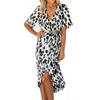 Casual Dresses Trendy For Women 2024 Leopard V Neck Lace Up Wrap Dress Ladies Evening Party Midi Woman Clothing