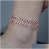 Anklets Hiphop 9Mm Iced Out Bling Cz Miami Cuban Link Chain Anklet Rose Gold Pink Stone Sier Color Women Fashion Jewelryanklets Drop Dhgkj