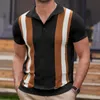 Summer Fashion Vintage Knit Polo Shirt Men High Quality Stripe Color Matching Top Casual Pullover Men Short Sleeve Polo Shirt 240305