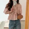Kvinnors blusar 2024 mode koreanska söta kvinnor från axel rufs kort ärm och skjortor stilfulla eleganta solida toppar 26915