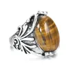 Cluster Anéis Antiguidades Banhado A Prata Natural Tiger Eye Pedra Anel Masculino Vintage Dedo Casamento Banda Aniversário Coleção Jóias