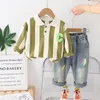 Kids casual clothes sets boys letter embroidery stripe long sleeve POLO shirt colorful Graffiti jeans 2pcs 2024 children outifts Z7030