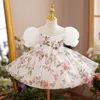 Elegant Girl Birthday Robe Flower Print Puff Sleeve Pearls Junior Bridesmaid Dress Princess Fairy Bow Ball Gown Dresses 240306