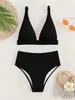 Mulheres de banho de cintura alta biquíni conjunto 2024 v pescoço feminino com nervuras de duas peças maiô beachwear biquini fatos de banho