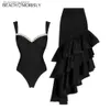 Kvinnors badkläder 2024 Nya kvinnors sexiga svarta pärlor en bit baddräkter Set Summer Swimwear Beachwear Bathing Suit Bikini Set Two-Pieces L240308