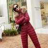 Poles Winter Hooded Jumpsuits Parka Elegant Cotton Padded Warm Sashes Women Ski Suit Straight Zipper One Piece Tracksuits Outdoor Snow