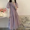 Korean Style Summer Maternity Puff Sleeve Chiffon Dress High Waist ONeck Pregnant Woman Lightweight Ball Gown Blue Purple 240301