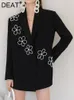 DEAT Moda Donna Blazer Colletto dentellato Sciolto ricamato Flares Fiore Perle Nero Giacche da abito Primavera 2024 17A5298 240306