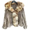 2024 True Rabbit Woven Coat with Fox Hair Collar Long Sleeped Haining Women's Fur Top 670062