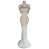 Prom Gorgeous Pearls Dresses Cap ärmar Pärlor Crystal Celebrity Dress Illusion Lace Evening Party Gowns Robe de Soiree