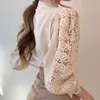 Blusas de encaje con bordado elegante para mujer, manga de pétalo de flores, túnica con cuello levantado, Top de camisa blanca sólida de primavera para mujer 240223