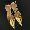 T-Shirt Aneikeh 2024 Women Fashion Strange Style Low Heel Single Shoes Summer Sexy Gold Pointed Tee Clip Hollow Shoes Office&Career3540