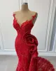 Ebi Arabic Aso Red Luxurious Mermaid Evening Sheer Neck Prom Dresses Lace Beaded Formal Party Second Reception Gowns Zj493