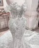 Plus taille arabe aso ebi cristaux luxueux robes de mariée en dentelle sirène sirène des robes nuptiales sexy robes de mariage vintage zj236
