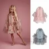 Girls falbala silk princess dresses kids lace-up Bows tie flare sleeve dress Ball Gown children performance clothing Z7026