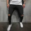 Pantaloni elastici skinny con fori al ginocchio a vita media con foro tinta unita più venduti del 2019 da uomo 240308