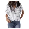 Kvinnors blusar vintage blus Lous Tops Femme Blusas kort ärmtryck tryck utskrifter Casual Plaid Pocket V-Neck Arts Style