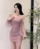 Abito Gaganight Donna Rosa Slash Neck Maglia Cuciture Abito 2023 Estate Coreano Chic Sexy Dolce Slim Fit Abiti corti Abiti femminili