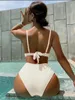Mulheres de banho de cintura alta biquíni conjunto 2024 v pescoço feminino com nervuras de duas peças maiô beachwear biquini fatos de banho