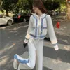 Women Elegant Office Suit Long Sleeve Hoodies Jacket Coat Top And Pant Two Piece Set Tracketsuit Denim Patchwork White Clothing 240308