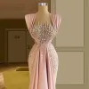 Stunning Pink Prom Dresses Sequined Sleeveless Evening Dress Custom Made Uffles Floor Length Women Formal Party Gown