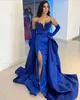 Robes de bal sirène bleu royal arabe longues pour femmes chérie dos nu perles haut côté fendu occasion formelle soirée concours de beauté robes de fête d'anniversaire sans gants