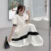 Pillows Korean Style Maternity Vintage Dress Short Sleeve Square Collar Block Color Patchwork Pregnant Woman Cotton Linen Dress Loose