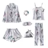 Pyjamas Womens 7 Pieces PJS Pink Pyjamas Set Sleepwear Satin Silk Strap Lingerie Homewear Loungewear Pijamas Set for Woman 240306